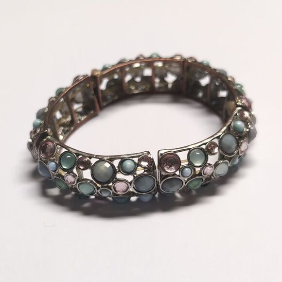 249 Vintage Silver Blue and Pink Faceted Beaded Bangle Bracelet - Picture 3 of 6